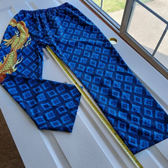 Blue Argyle Golden Dragon Graphic Print PJ Pants Large pajama bottoms trousers - Picture 10 of 13